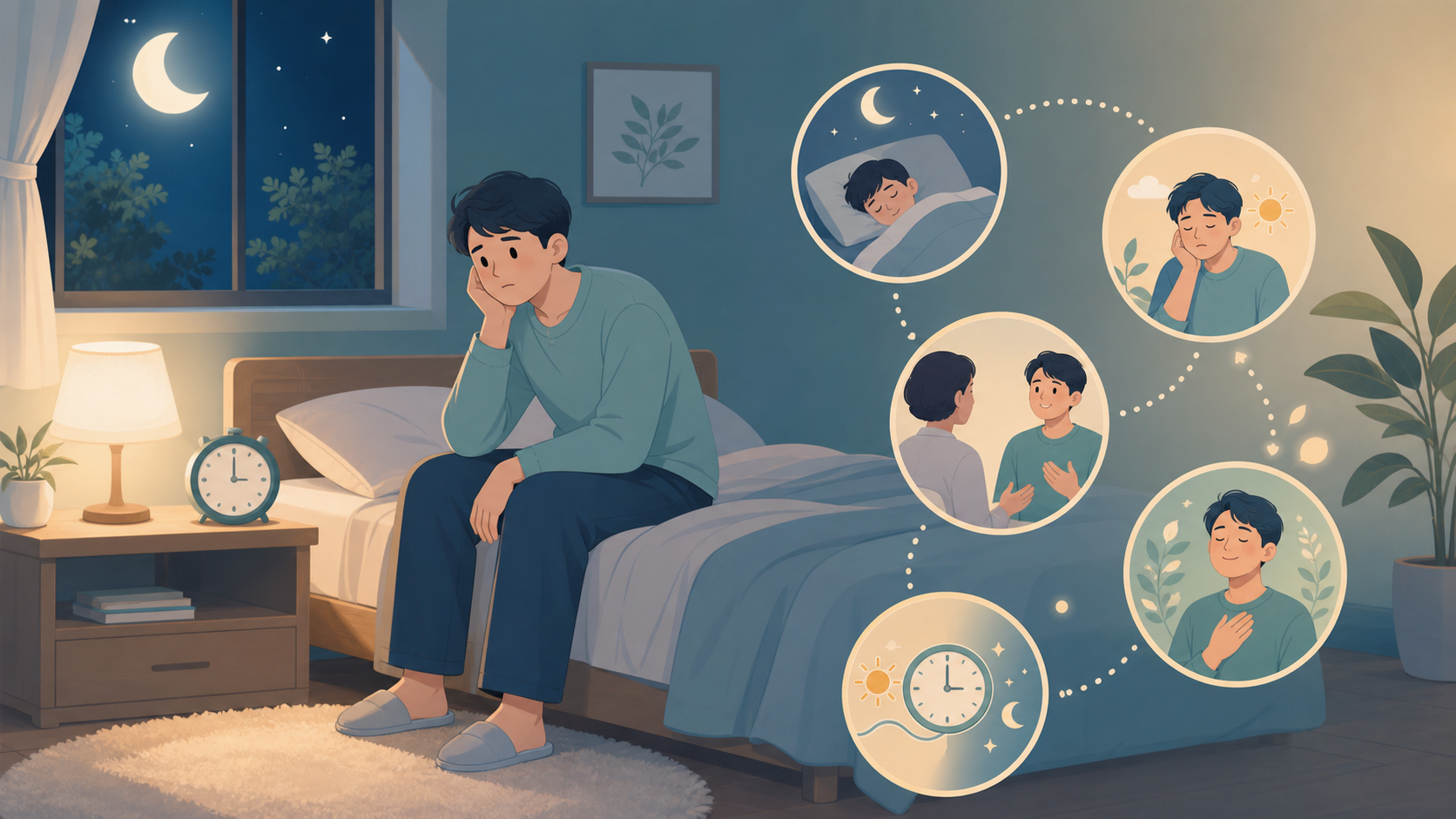 眠れない夜から相談、生活リズムの回復へ進むイメージイラスト